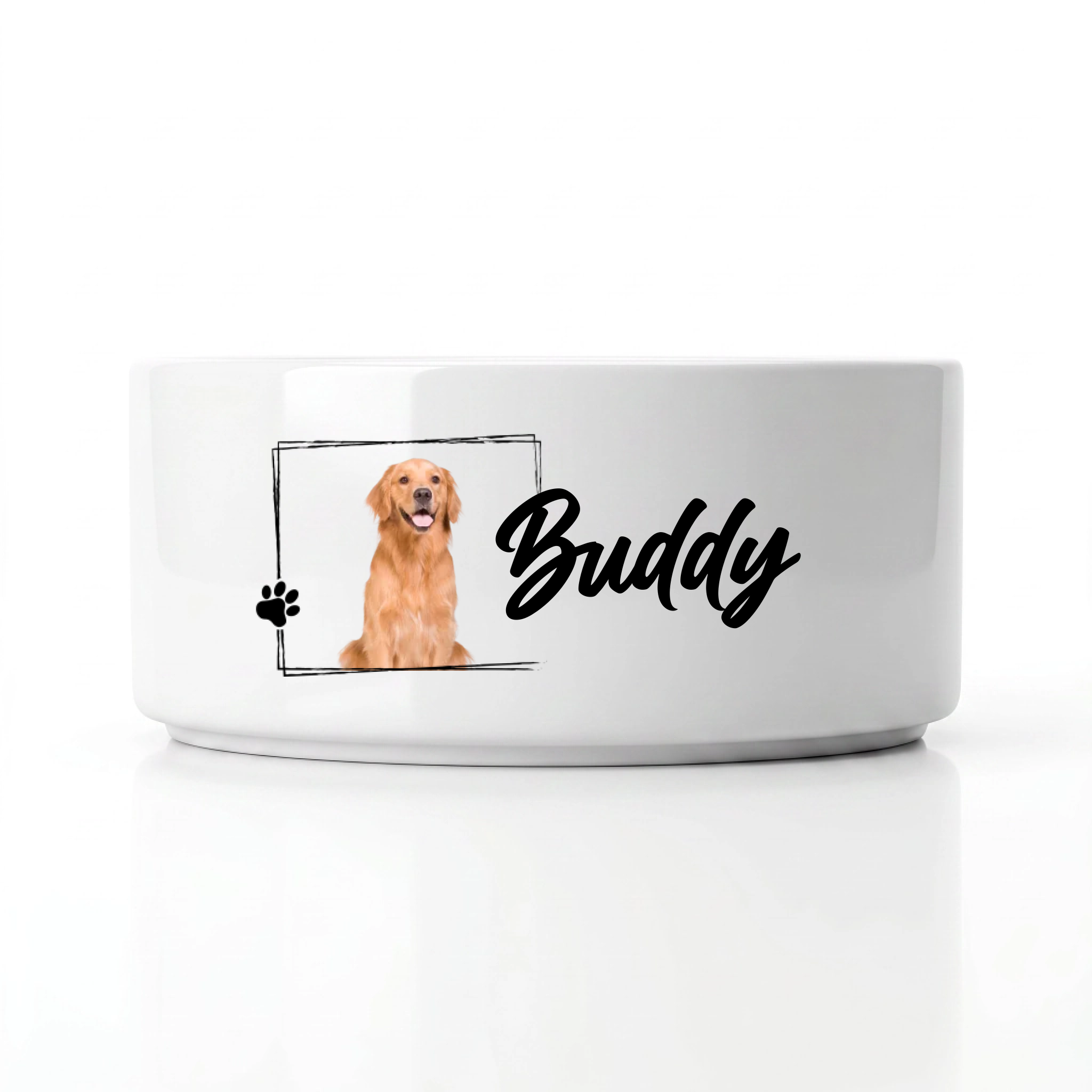 Personalised pet photo bowl with custom name and photo framed pet image